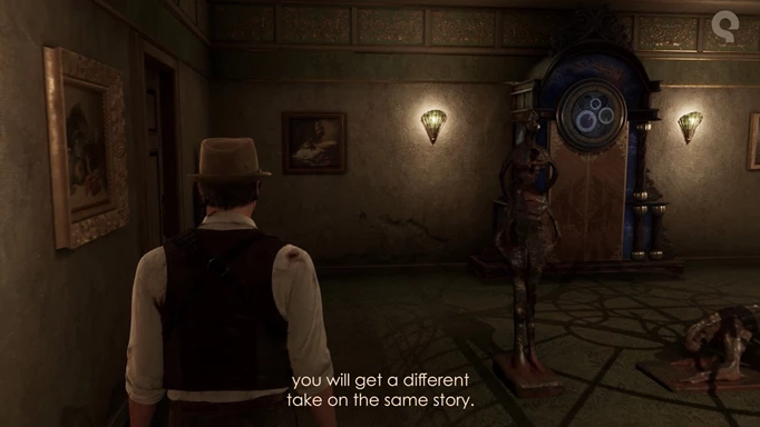 Alone in the Dark gameplay showing Edward in a room with a grandfather clock puzzle