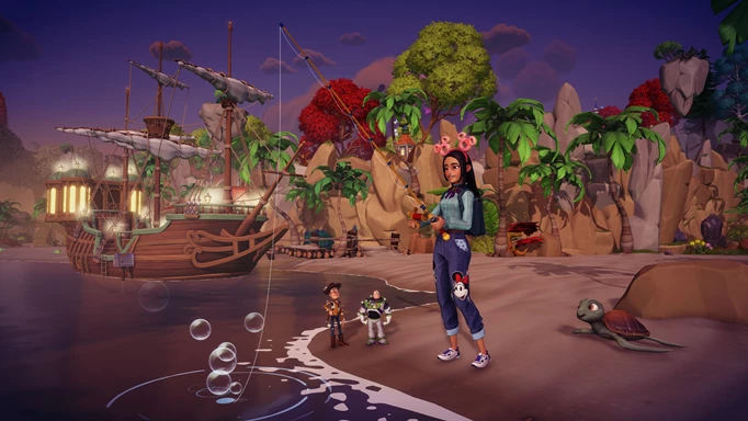 Disney Dreamlight Valley character and Woody and Buzz Lightyear fishing