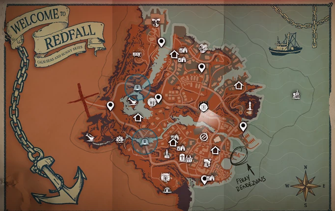 the redfall map with an assortment of icons on it