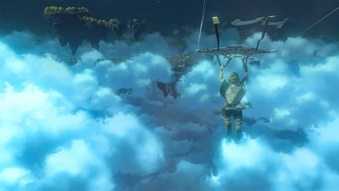 an image of Link paragliding through the clouds in Tears of the Kingdom