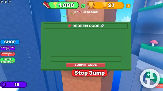the codes menu in +1 Jump Every Second