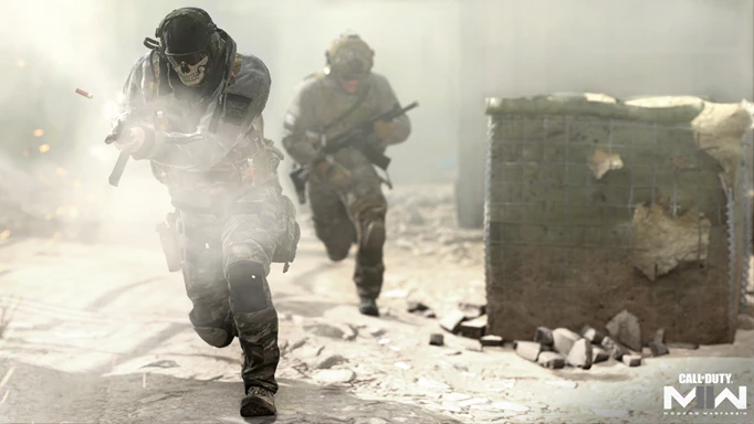 Key art of MW2 where two characters are running through a dusty area
