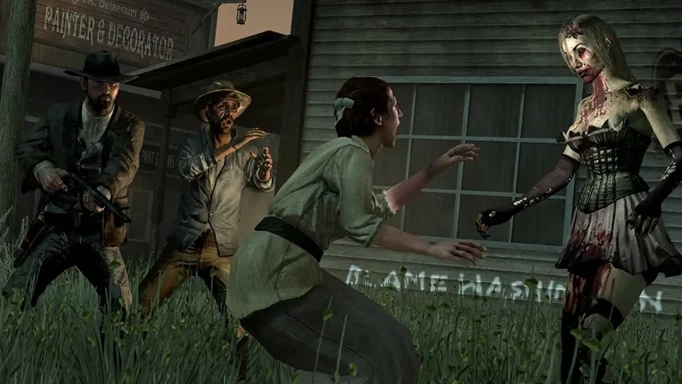 A villager stumbles in fear in Red Dead Redemption: Undead Nightmare.