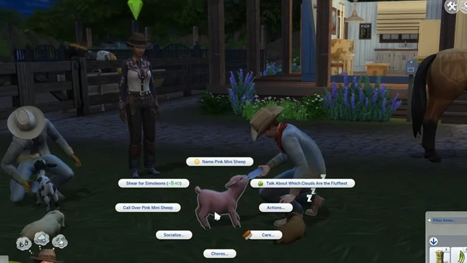 Screenshot showing interactions with mini goats & mini sheep in The Sims 4 Horse Ranch