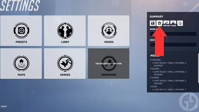The Import Code section of settings where you can entre custom game codes in Overwatch 2