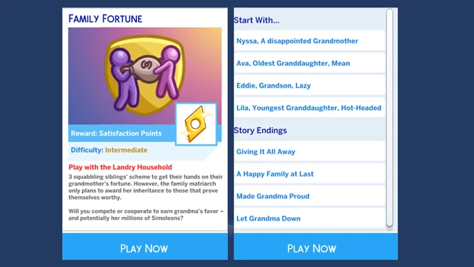 Screenshot showing the Family Fortune scenario in The Sims 4 which arrived in the June Sims Delivery Express