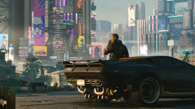 The protagonist of Cyberpunk 2077 smoking on the hood of his car.