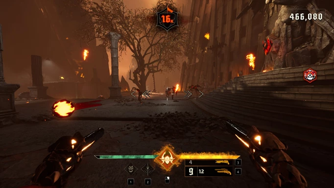 Holding two pistols, while enemies approach from the distance