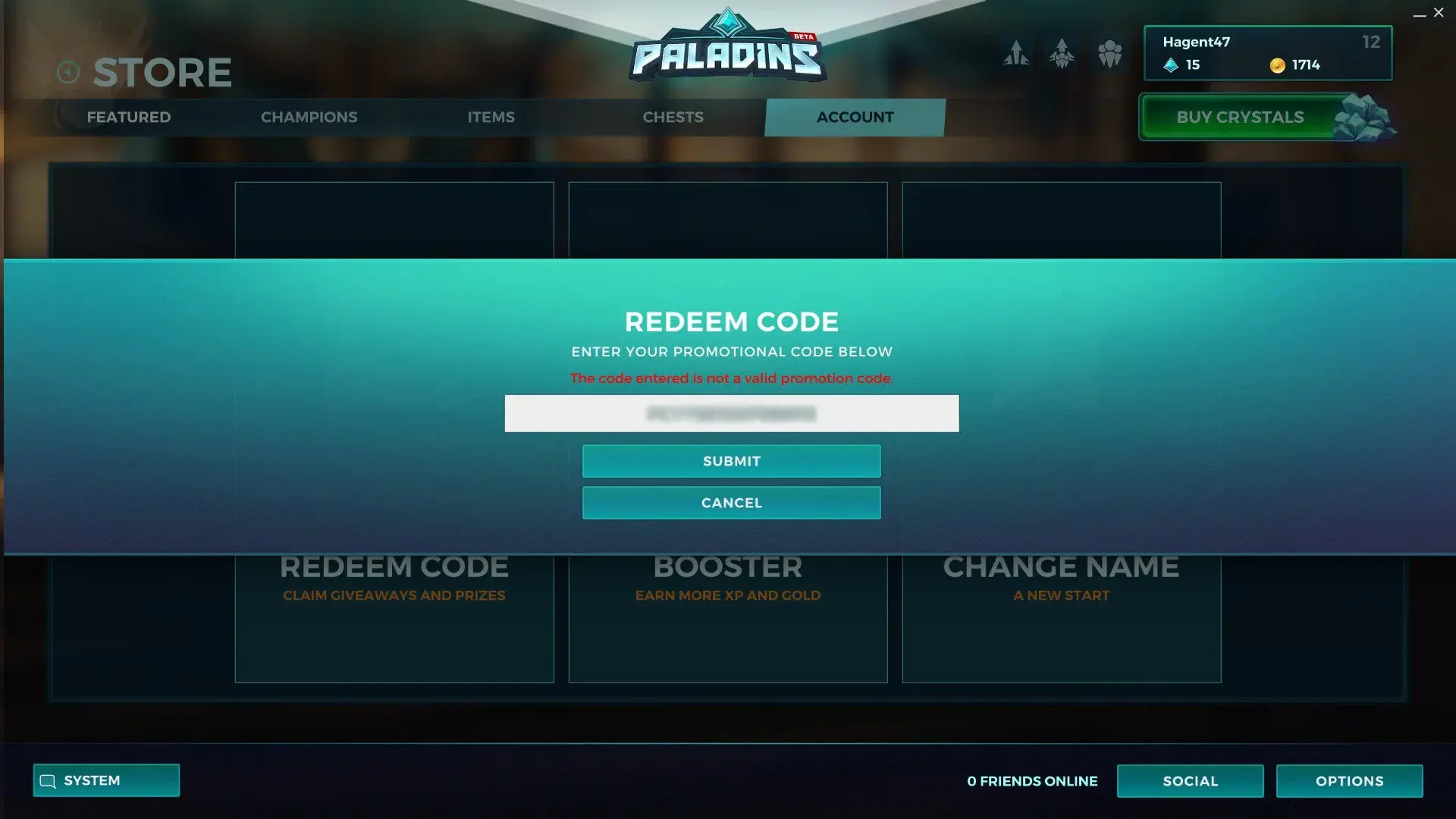 Screenshot showing the code redemption screen in Paladins