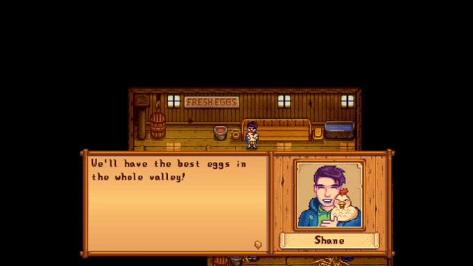 Screenshot of Shane's eight hearts event in Stardew Valley, unlocking blue chickens in the game
