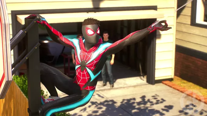 Miles swinging away in his evolved suit at the end of Marvel's Spider-Man 2