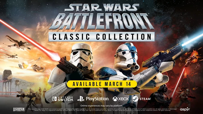 An info graphic showing the release date and platforms of Star Wars Battlefront Classic Collection