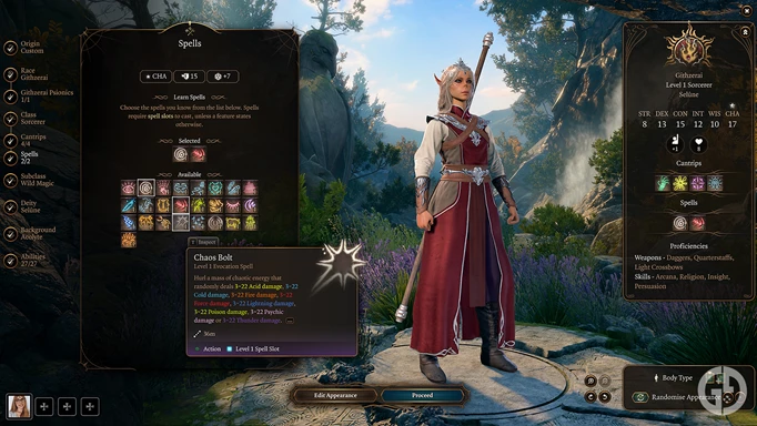Image showing spells for a Sorcerer in character creation