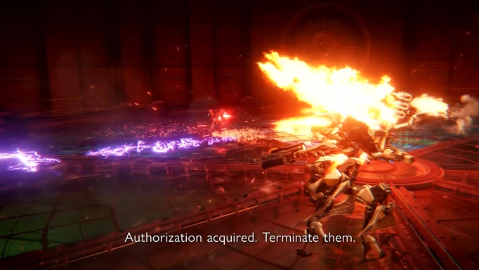 Purple explosions and fire in Armored Core 6