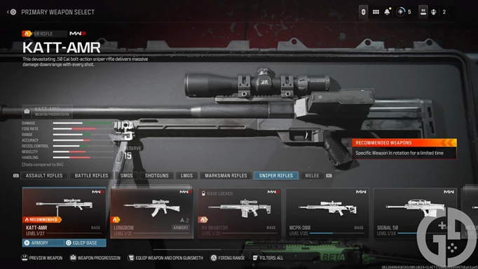 Image of the KATT-AMR in the Sniper Rifles section of MW3
