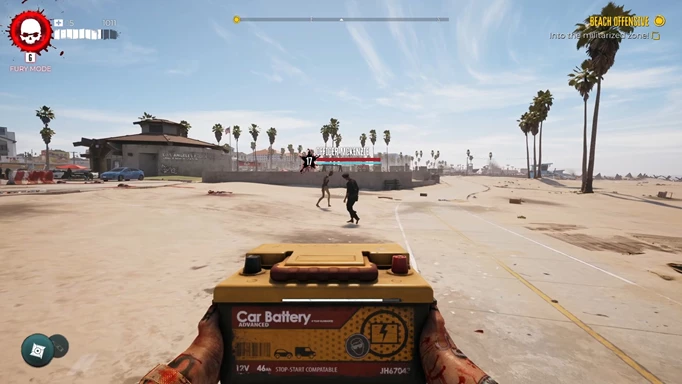 a screenshot of Dead Island 2 gameplay showing the Officer McKenzie zombie