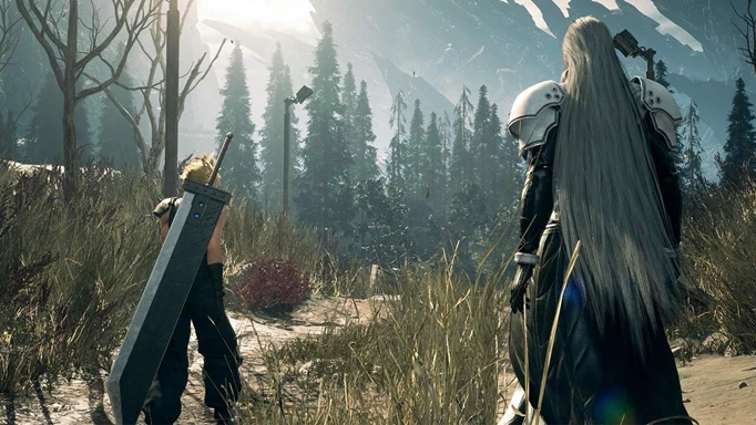 Cloud and Sephiroth look out over a forest in Final Fantasy 7 Rebirth.