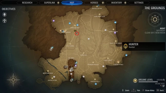 an image of the Midnight Suns Abbey map showing the Stone Pyramid mystery location
