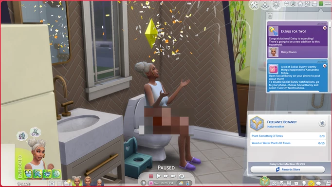 The Sims 4 pregnancy cheats - a sim sitting on the toilet