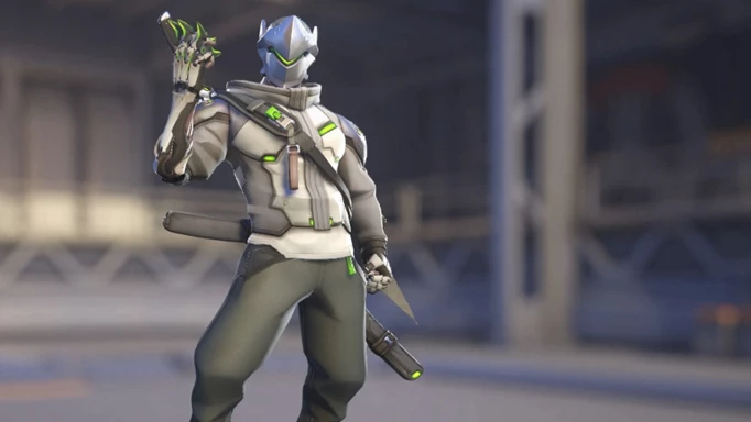 Genji from Overwatch 2 stands in the centre, holding a number of shuriken in his hand
