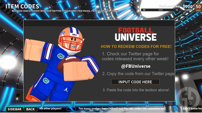The menu to redeem Football Universe codes in the Roblox game