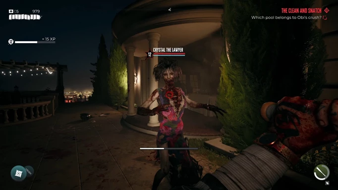 an image of the Crystal the Lawyer zombie in Dead Island 2, who holds Curtis' Safe key