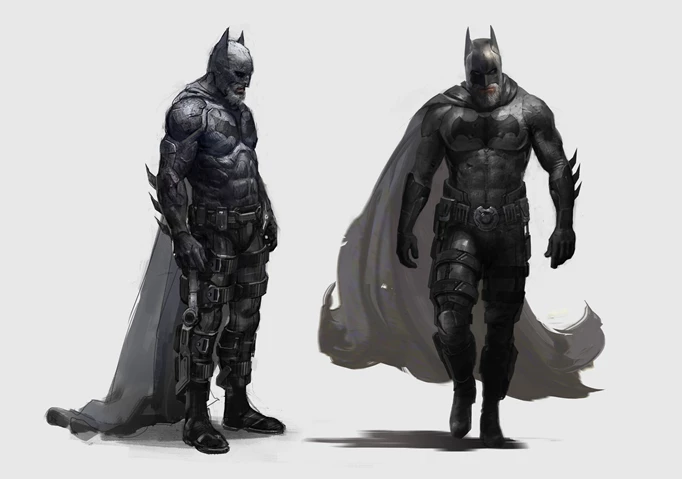 The concept art features an older looking Batman
