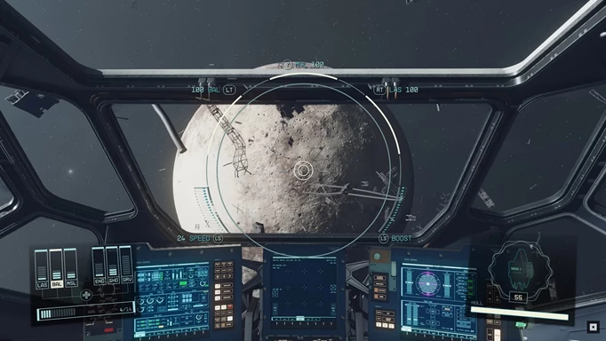 an image of a moon from a ship cockpit in Starfield