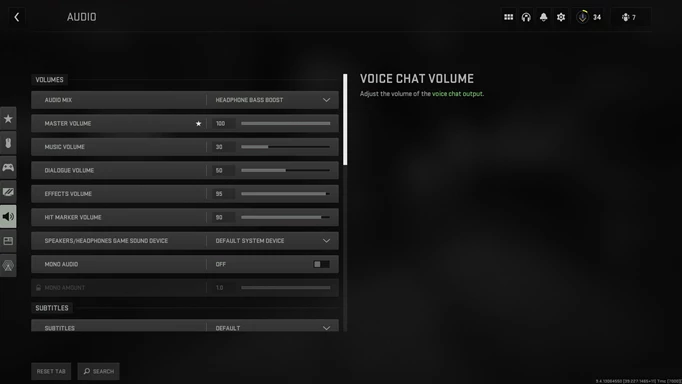Audio settings menu in Modern Warfare 2
