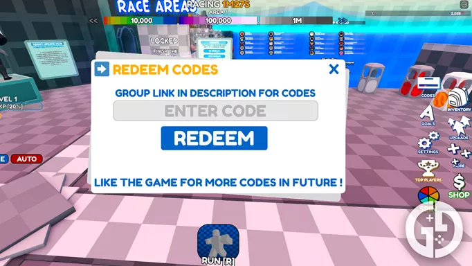 The codes menu in Race Simulator