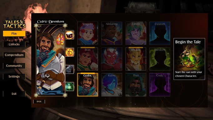 Tales & Tactics' character select screen, highlighting Cedric Dawnhorn.