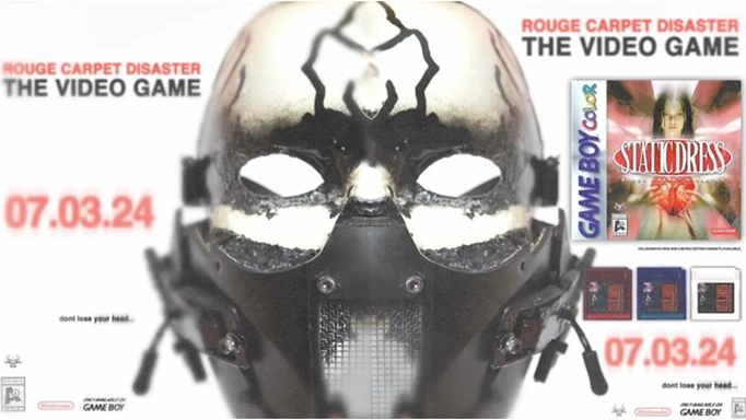 The first advertisement for Rouge Carpet Disaster: The Video Game, featuring a bizarre mask.