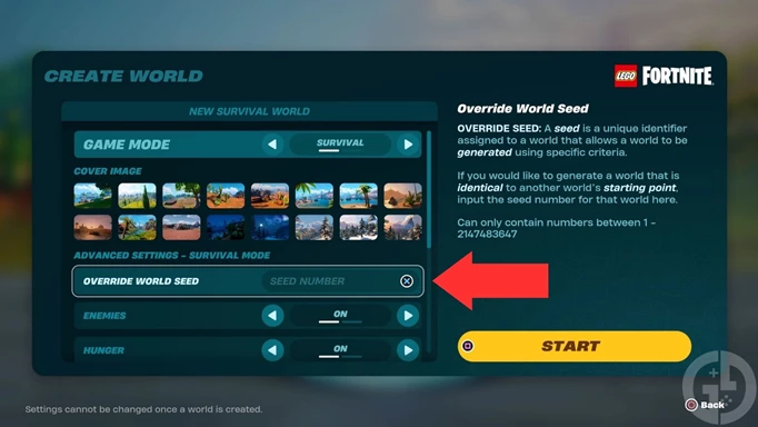 The world creation menu where you can input a seed number in LEGO Fortnite