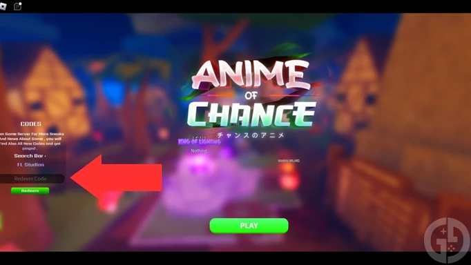 The code redemption option in Anime of Chance