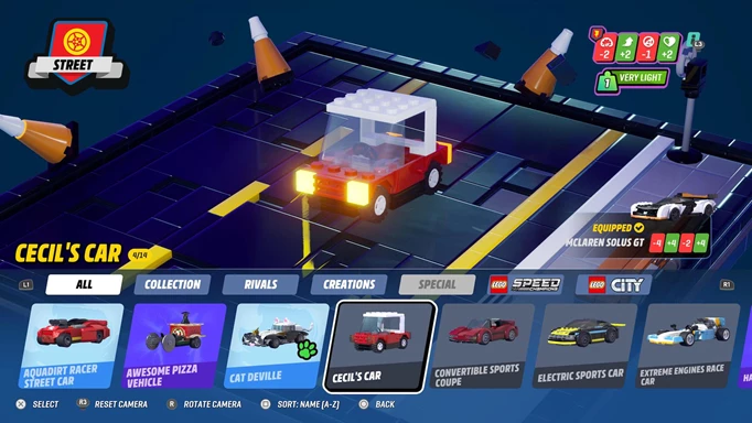 Car selection screen in lego 2k drive