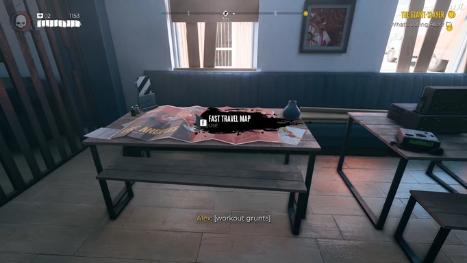 A Dead Island 2 fast travel map on a table in the Blue Crab