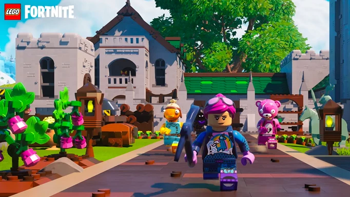 An immaculate village being explored by Brite Bomber, Fishstick and Cuddle Team Leader in LEGO Fortnite.