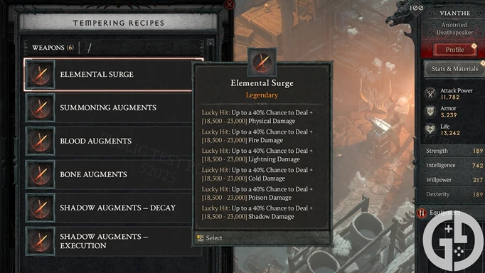 Image of different Tempering Recipes in Diablo 4