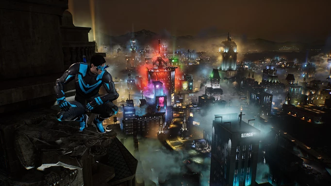 Nightwing on a gargoyle, overlooking Gotham