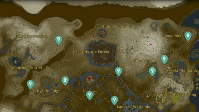 The northern half of the map of Hyrule, showing the locations of each stable