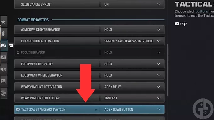 The settings menu showing the settings for Tactical Stance in Modern Warfare 3