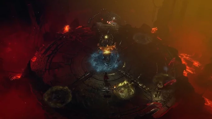Fighting a large construct boss in Diablo 4