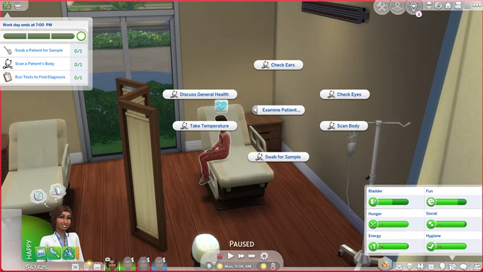 Pie menu showing a to test a patient in The Sims 4