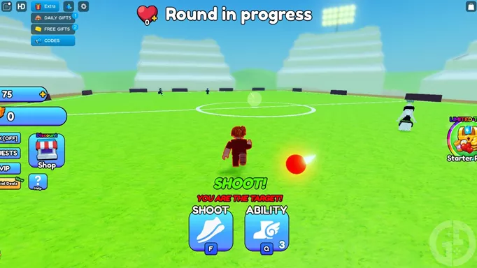 A Roblox character on a green pitch in Soccer Ball. The ball is red and the character has become its target.