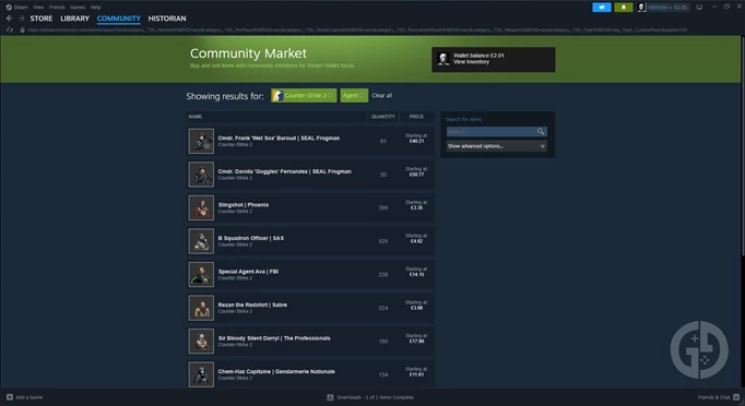the Steam community market showing CS2 agent skins