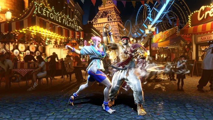 Image shows Manon dancing and about to throw Ryu in Street Fighter 6