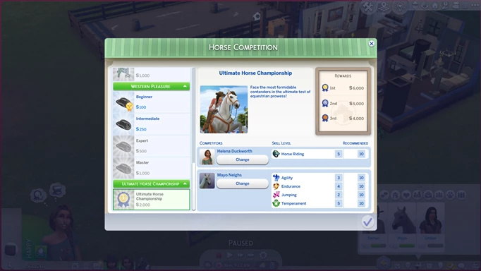 Screenshot of the Ultimate Horse Competition requirements in The Sims 4 Horse Ranch