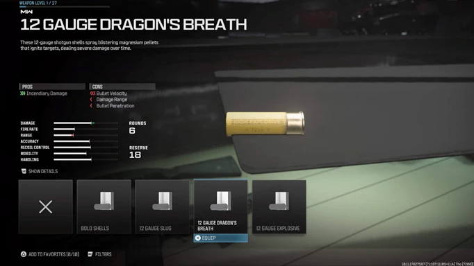 Screenshot showing the 12 gauge dragon's breath ammo in MW3