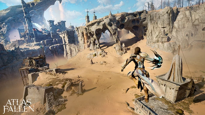 Atlas Fallen release hub: The player character leaps through the air ahead of a city in the desert