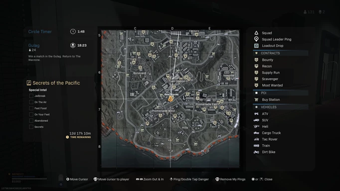 Secrets of the Pacific Warzone locations  shown on a map.
